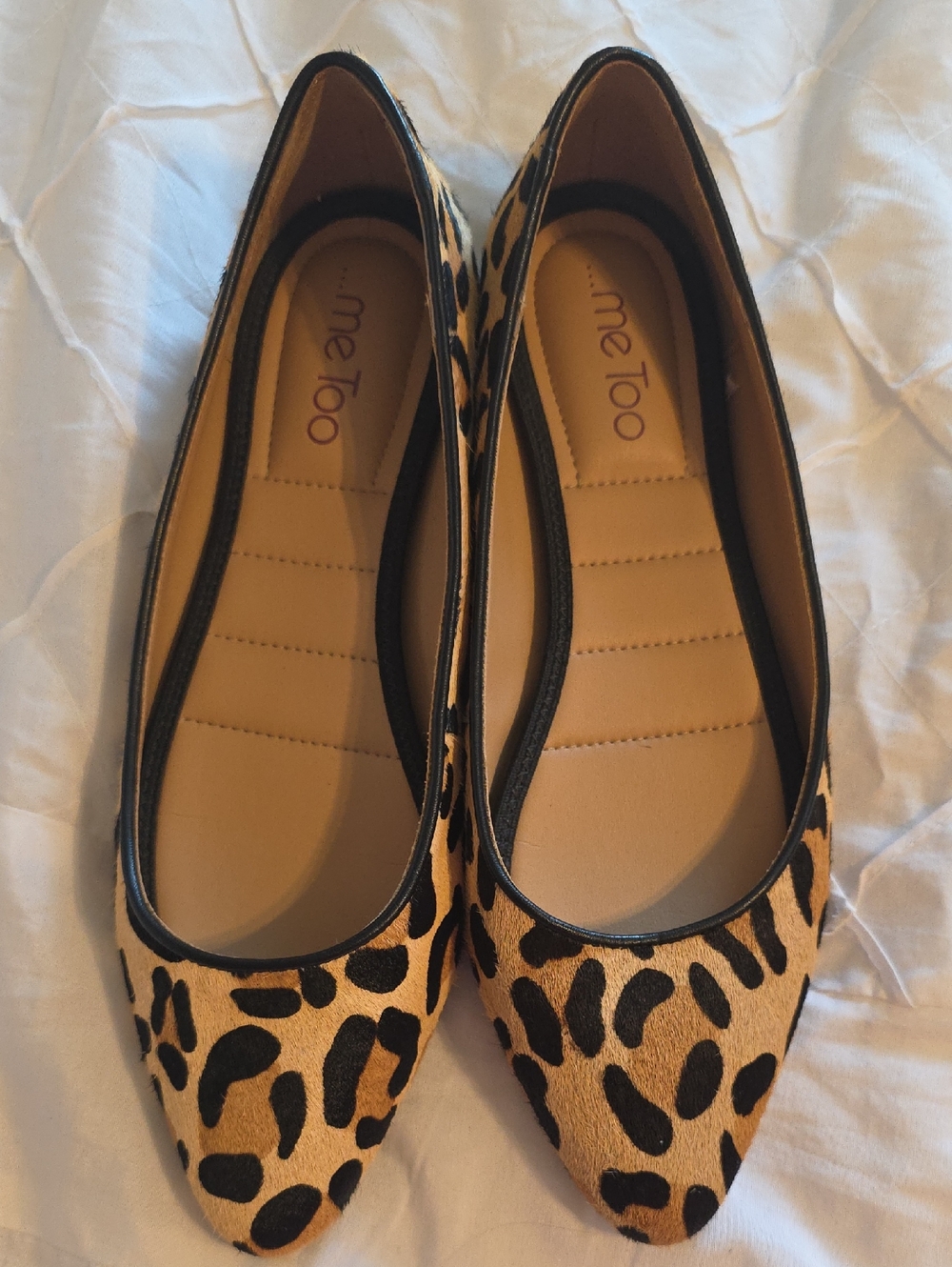 me too Leopard Print Pointed Toe Flats in Tan and Black